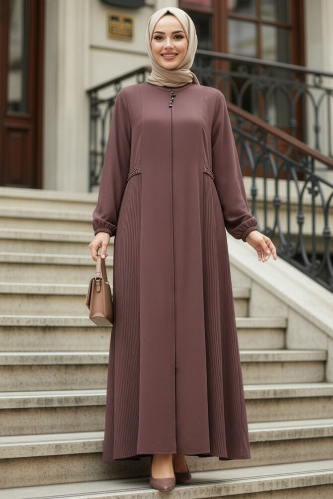 Pleat Detailed Dusty Rose Modest Ferace 45289GK - 