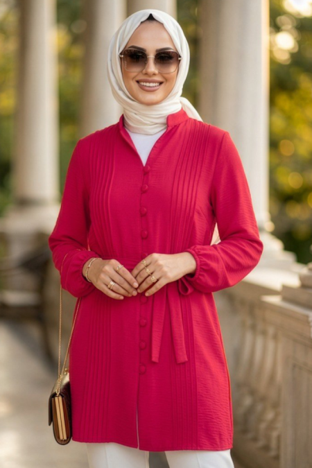 Pleat Detailed Red Modest Tunic 20299K - 