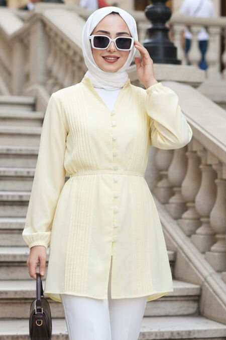 Pleat Detailed Yellow Modest Tunic 20299SR - 