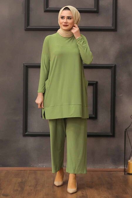 Pistachio Green Hijab Dual Suit Dress 50150FY - Neva-style.com