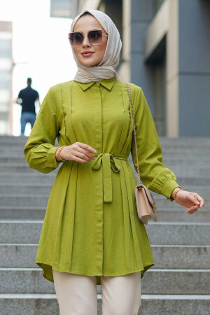 Pleat Detail Olive Green Modest Tunic 20273YY - 