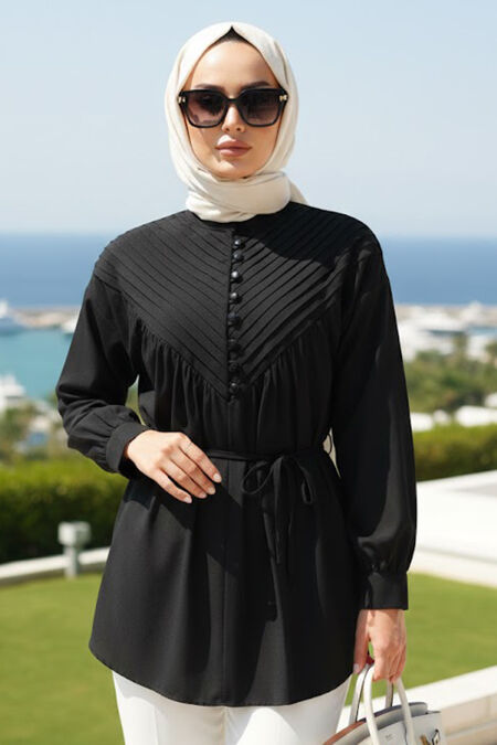 Pleat Detailed Black Modest Tunic 19302S - 