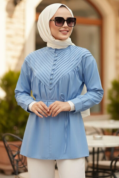 Pleat Detailed Blue Modest Tunic 19302M - 
