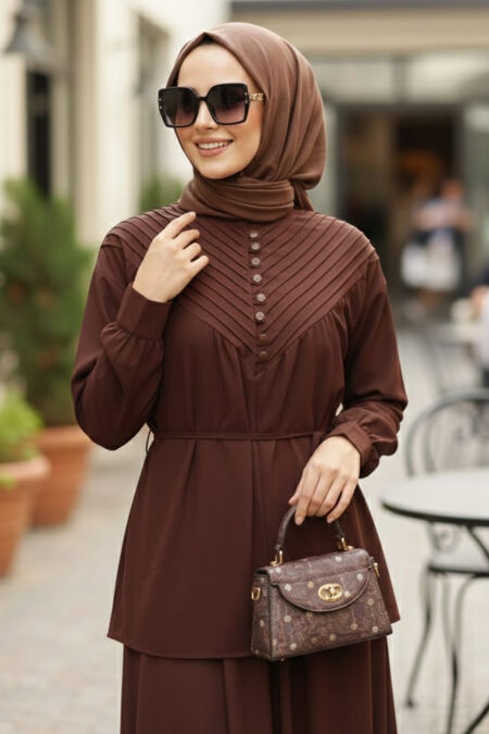 Pleat Detailed Brown Modest Tunic 19302KH - 