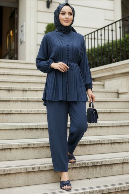 Pleat Detailed Navy Blue Modest Two-Piece Set 19031L - 
