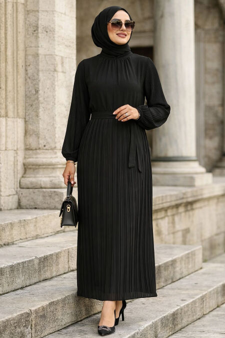 Pleated Black Modest Dress 30301S - 