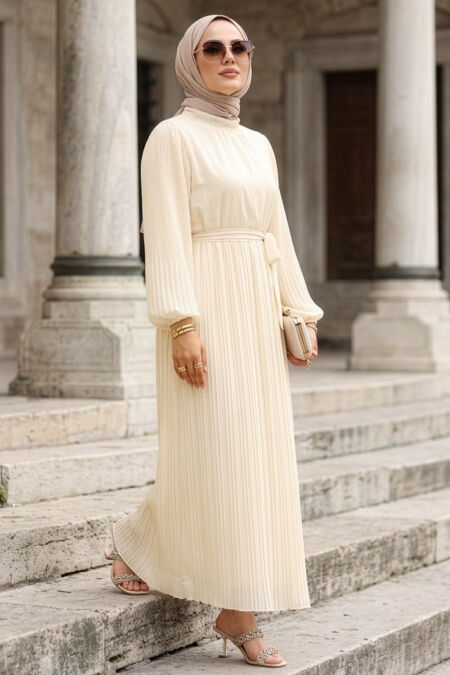 Pleated Ecru Modest Dress 30301E - 