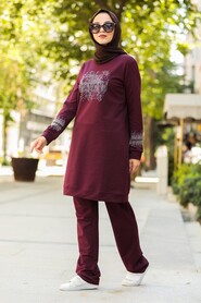 Plum Color Hijab Casual Suit 91720MU - 1