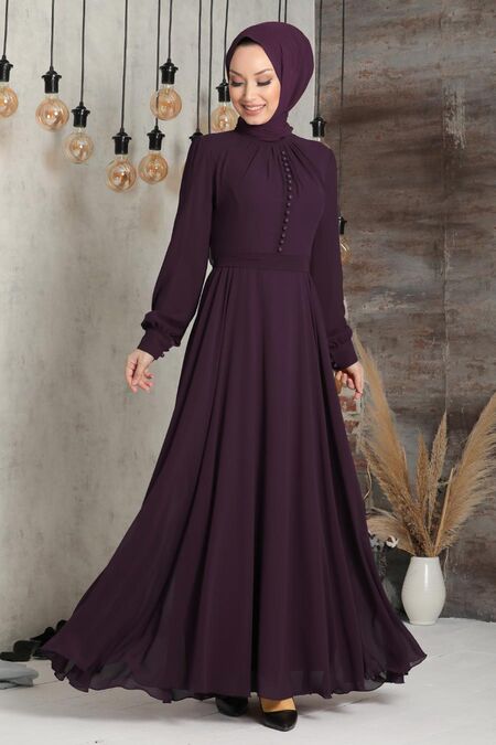 Plum Color Hijab Dress 2703MU - NEVA STYLE