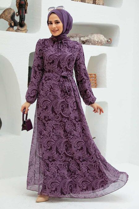 Plum Color Hijab Dress 279030MU - NEVA STYLE