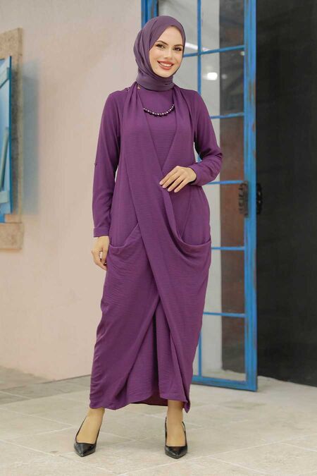 Plum Color Hijab Dress 34281MU - NEVA STYLE