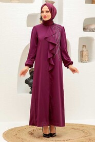  Modern Plum Color Islamic Long Sleeve Dress 12951MU - 1