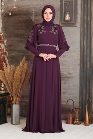 Plum Color Hijab Evening Dress 20711MU - 1