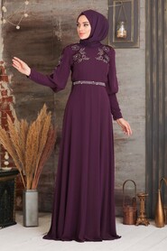 Plum Color Hijab Evening Dress 20711MU - 2