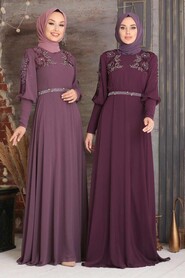 Plum Color Hijab Evening Dress 20711MU - 3