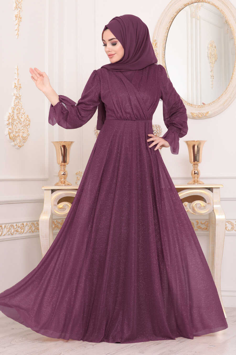 Plus Size Plum Color Hijab Engagement Dress 22202MU - Neva-style.com