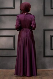 Plum Color Hijab Evening Dress 25130MU - 3