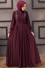  Luxury Plum Color Modest Islamic Clothing Prom Dress 25781MU - 1