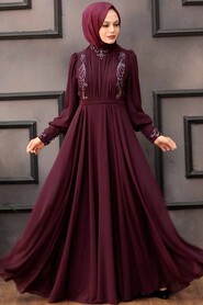  Luxury Plum Color Modest Islamic Clothing Prom Dress 25781MU - 2