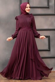  Long Plum Color Hijab Evening Dress 25791MU - 2