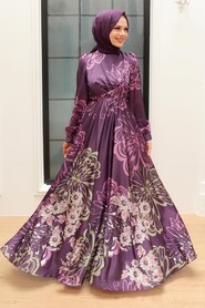 Neva Style - Luxury Plum Color Islamic Bridesmaid Dress 3432MU - Thumbnail