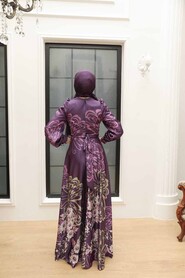 Neva Style - Luxury Plum Color Islamic Bridesmaid Dress 3432MU - Thumbnail