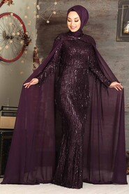 Plum Color Hijab Evening Dress 3450MU - 1