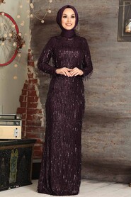 Plum Color Hijab Evening Dress 3450MU - 2