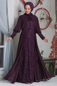 Plum Color Hijab Evening Dress 50090MU - 1
