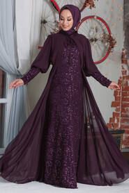 Plum Color Hijab Evening Dress 50090MU - 2