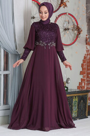 Plum Color Hijab Evening Dress 50102MU - 1