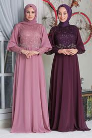Plum Color Hijab Evening Dress 50102MU - 2