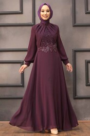 Plum Color Hijab Evening Dress 52785MU - 1