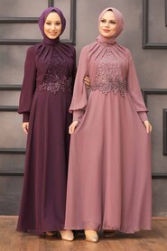 Plum Color Hijab Evening Dress 52785MU - 2