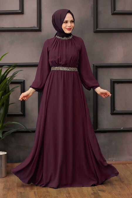  Modern Plum Color Islamic Clothing Wedding Dress 5339MU - NEVA STYLE