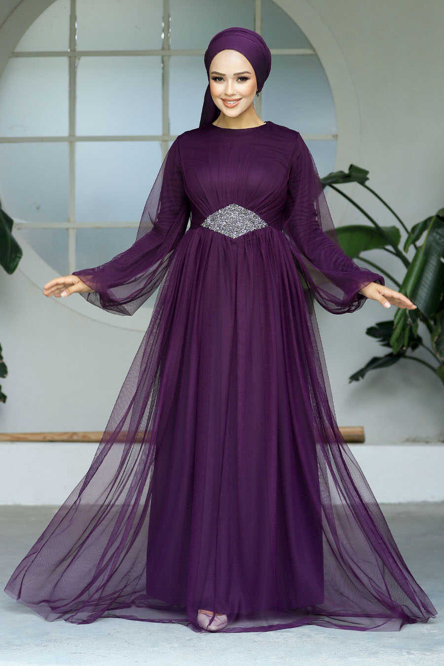 Stylish Plum Color Modest Evening Gown 54230MU - Neva-style.com