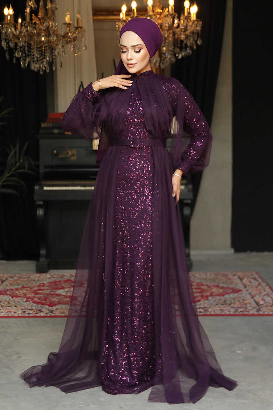 Plum Color Turkish Hijab Prom Dress 5441MU Neva style