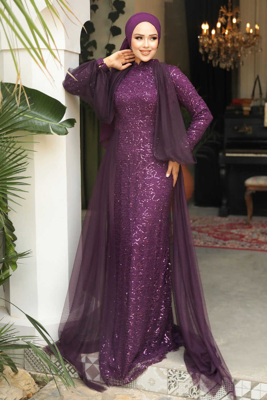 Stylish Plum Color Islamic Prom Dress 55190MU - Neva-style.com