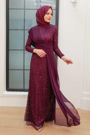  Plus Size Plum Color Hijab Evening Dress 56180MU - 1