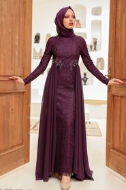  Stylish Plum Color Hijab Wedding Gown 9105MU - 3