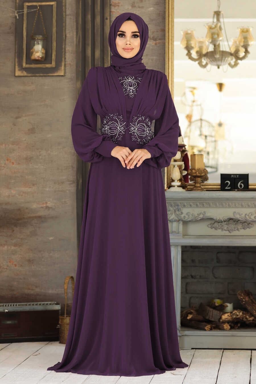 Neva Style - Purple Velvet Long Dress for Muslim Ladies 37291MOR 