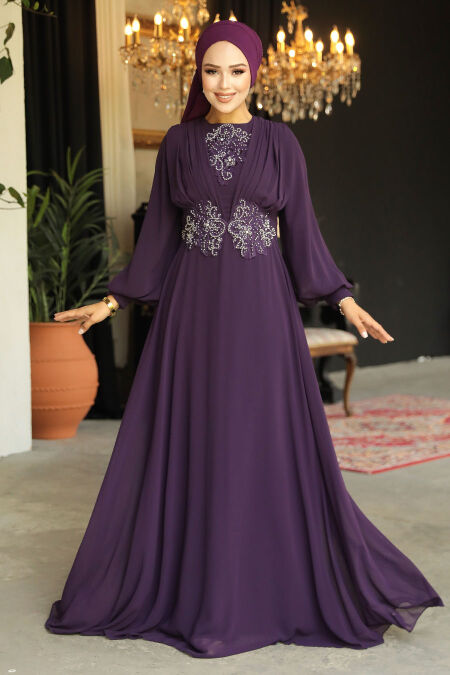  Elegant Plum Color Islamic Wedding Dress 9118MU - NEVA STYLE