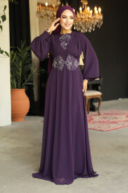  Elegant Plum Color Islamic Wedding Dress 9118MU - 3