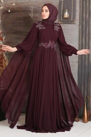 Elegant Plum Color Muslim Long Sleeve Dress 9130MU - 1