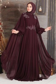 Elegant Plum Color Muslim Long Sleeve Dress 9130MU - 2