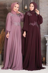 Elegant Plum Color Muslim Long Sleeve Dress 9130MU - 3