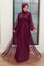  Plus Size Plum Color Islamic Clothing Engagement Dress 9170MU - 1