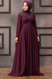 Plum Color Hijab Evening Dress 4692MU - 1