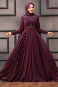 Plum Color Hijab Evening Dress 4692MU - 2