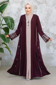 Plum Color Modest Dubai Abaya 41568MU - 2